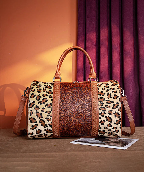 MONTANA WEST FLORAL TOOLED COLLECTION  DUFFLE BAG - LEOPARD