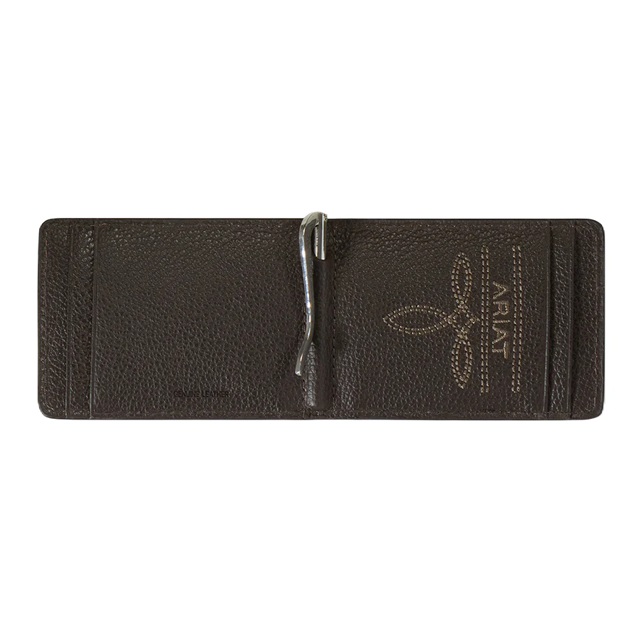 ARIAT BIFOLD WALLET MONEY CLIP OSTRICH FLORAL EMBOSSED BROWN