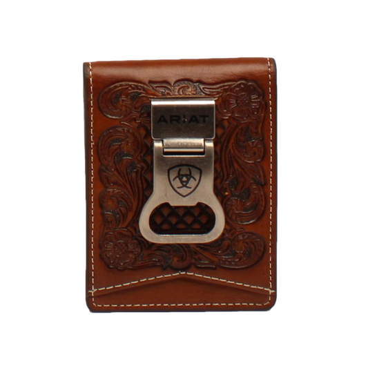 ARIAT BIFOLD MONEY CLIP BASKET WEAVE FLORAL EMBOSSED TAN