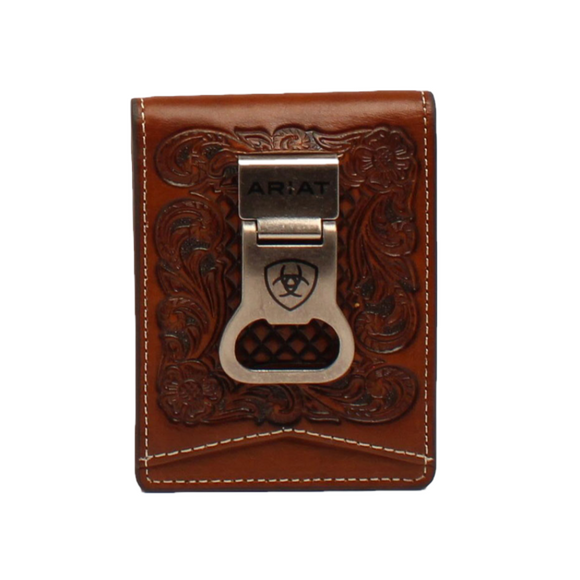 ARIAT BIFOLD MONEY CLIP BASKET WEAVE FLORAL EMBOSSED TAN