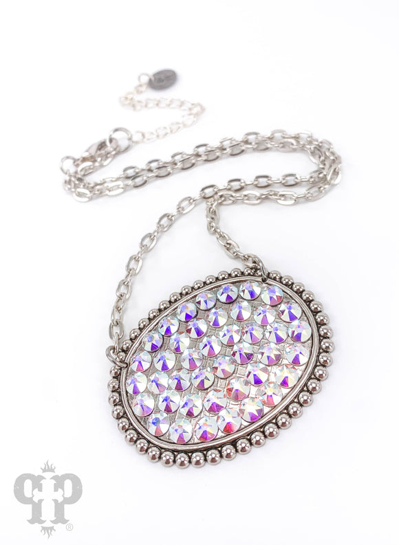 PINK PANACHE MEDIUM OVAL RHINESTONE SILVER LINK CHAIN NECKLACE - N237SAB