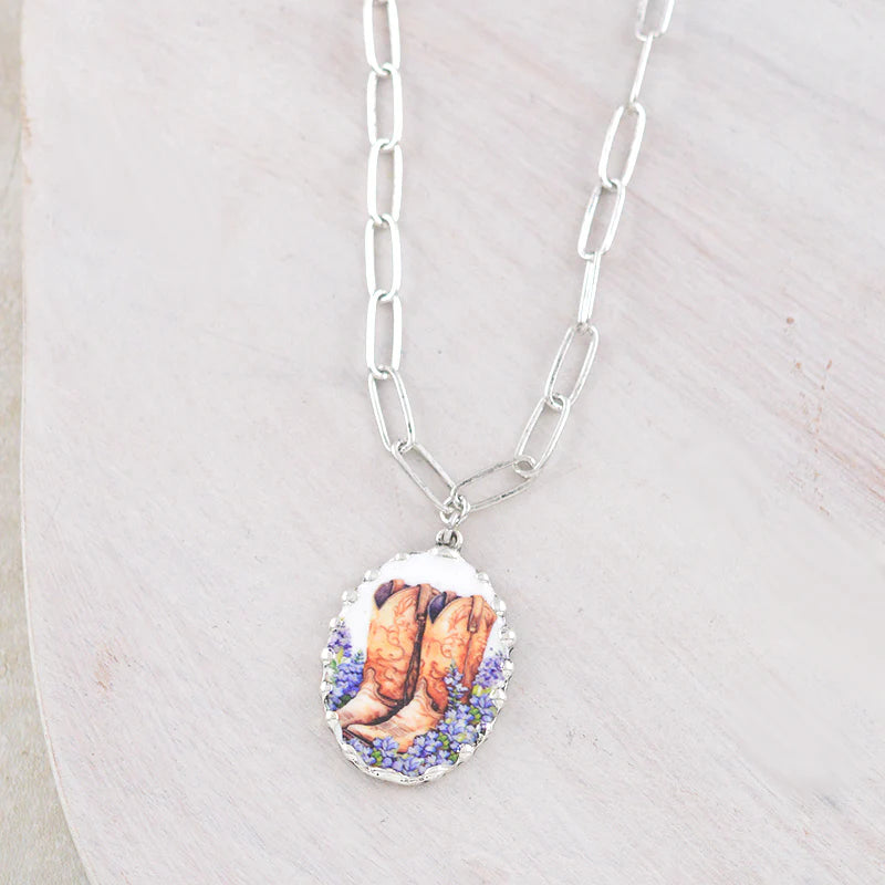 BLUE BONNET BOOTS PENDANT SILVER NECKLACE