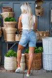 JUDY BLUE HIGH WAIST DENIM PATCH SHORTS - MEDIUM STONE