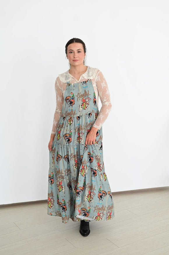 HOWDY RETRO COWBOY OVERALL DRESS - SAGE
