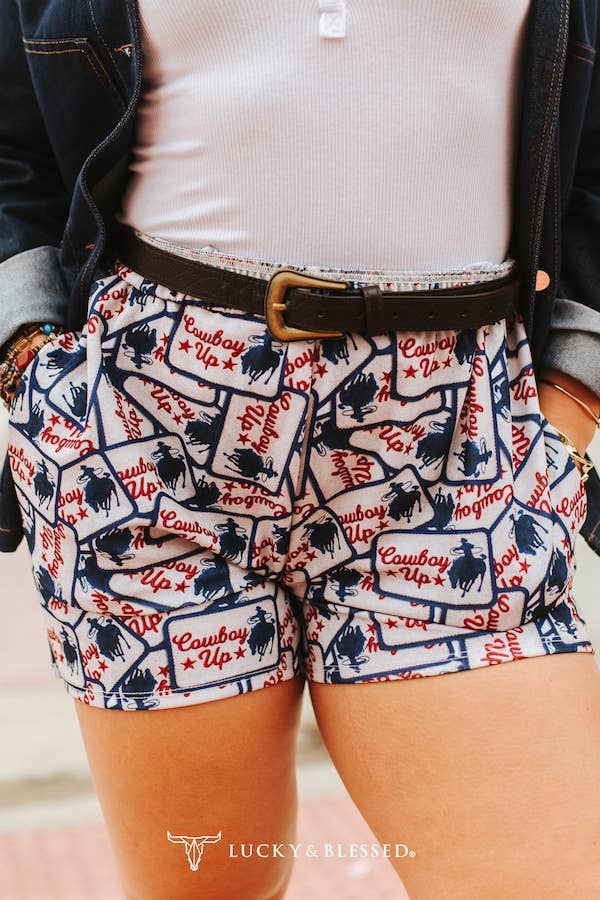COWBOY UP PATCH PRINTED ELASTIC WAISTBAND SHORTS WITH POCKERS