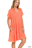 WASHED LINEN RAW EDGE V-NECK DRESS - CORAL