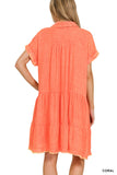 WASHED LINEN RAW EDGE V-NECK DRESS - CORAL