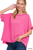 TEXTURED LINE SHORT CUFF SLEEVE RAW EDGE TOP - FUCHSIA