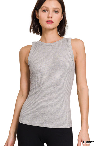 Solid Round Neck Ribbed Tank Top - Grey - Boutique 23