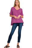 CORDED RIB SHORT SLEEVE HI-LOW V NECK TOP - PLUM