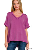 CORDED RIB SHORT SLEEVE HI-LOW V NECK TOP - PLUM