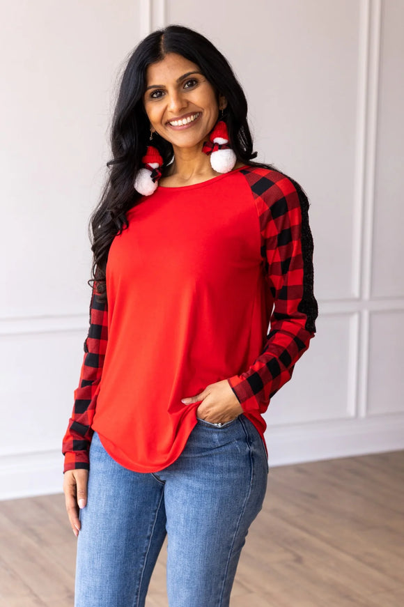 RED TOP WITH BUFFALO PLAID RAGLAN SLEEVES