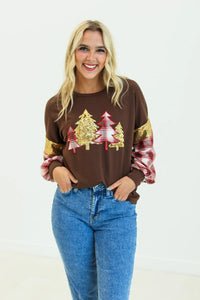 BROWN PLAID CHRISTMAS TREE SWEATSHIRT