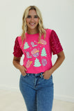 WESTERN CHRISTMAS ON HOT PINK T-SHIRT WITH VELVET SEQUIN SLEEVES