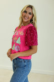 WESTERN CHRISTMAS ON HOT PINK T-SHIRT WITH VELVET SEQUIN SLEEVES