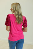 WESTERN CHRISTMAS ON HOT PINK T-SHIRT WITH VELVET SEQUIN SLEEVES