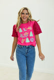 WESTERN CHRISTMAS ON HOT PINK T-SHIRT WITH VELVET SEQUIN SLEEVES