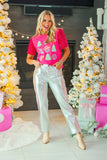 WESTERN CHRISTMAS ON HOT PINK T-SHIRT WITH VELVET SEQUIN SLEEVES