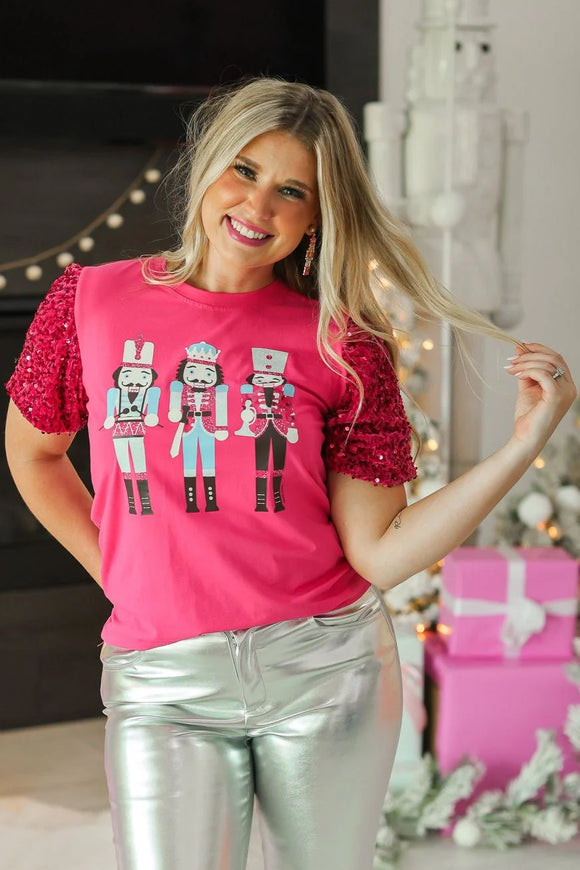 NUTCRACKER GRAPHIC ON PINK T-SHIRT WITH VELVET SEQUIN SLEEVES