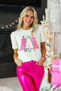 FESTIVE FOREST ON WHITE SEQUIN SLEEVE TOP