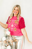 GINGERBREAD BOWS ON PINK CREWNECK TEE WITH SEQUIN SLEEVES