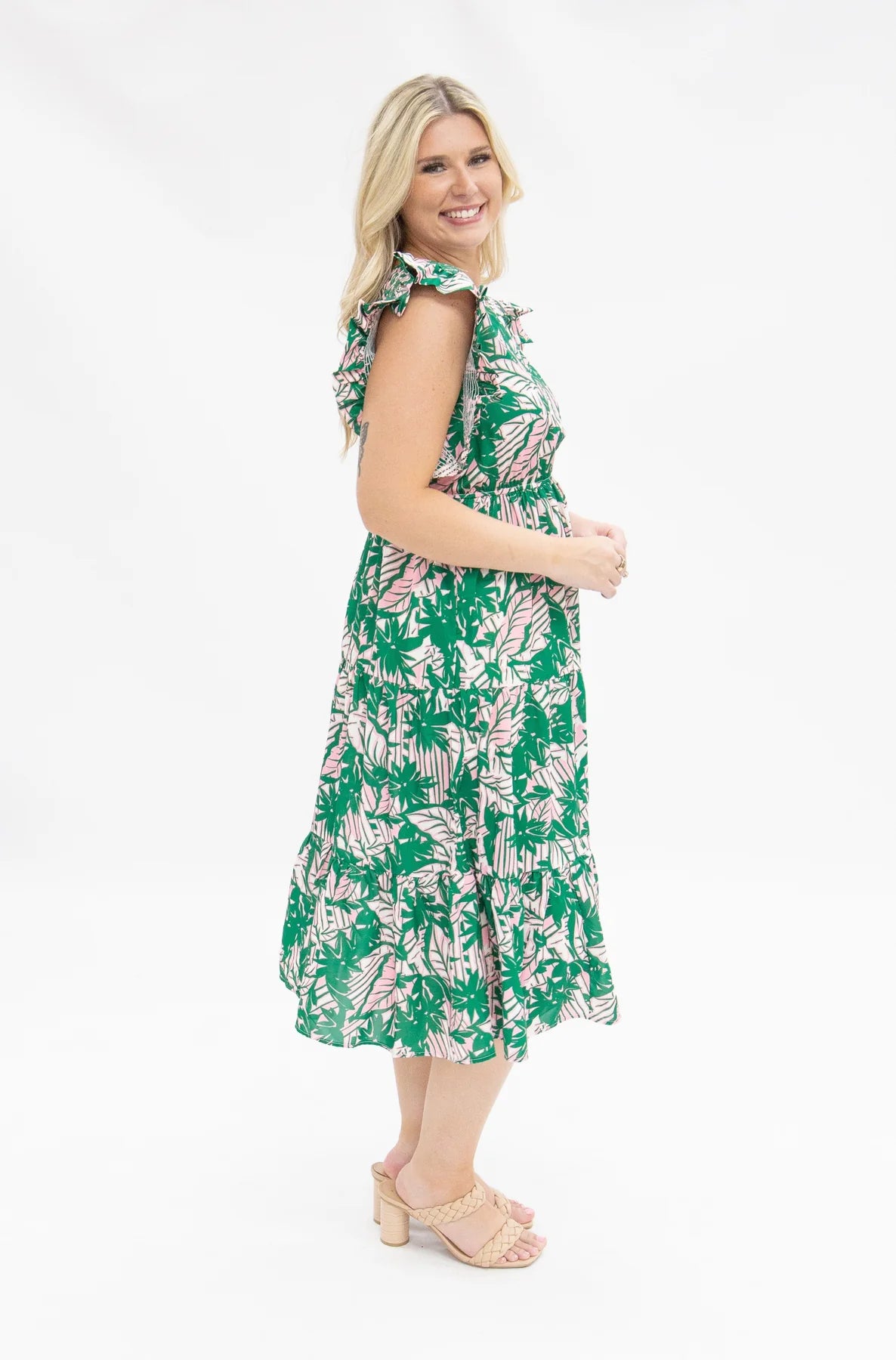 PINK & GREEN FLORAL TIERED DRESS