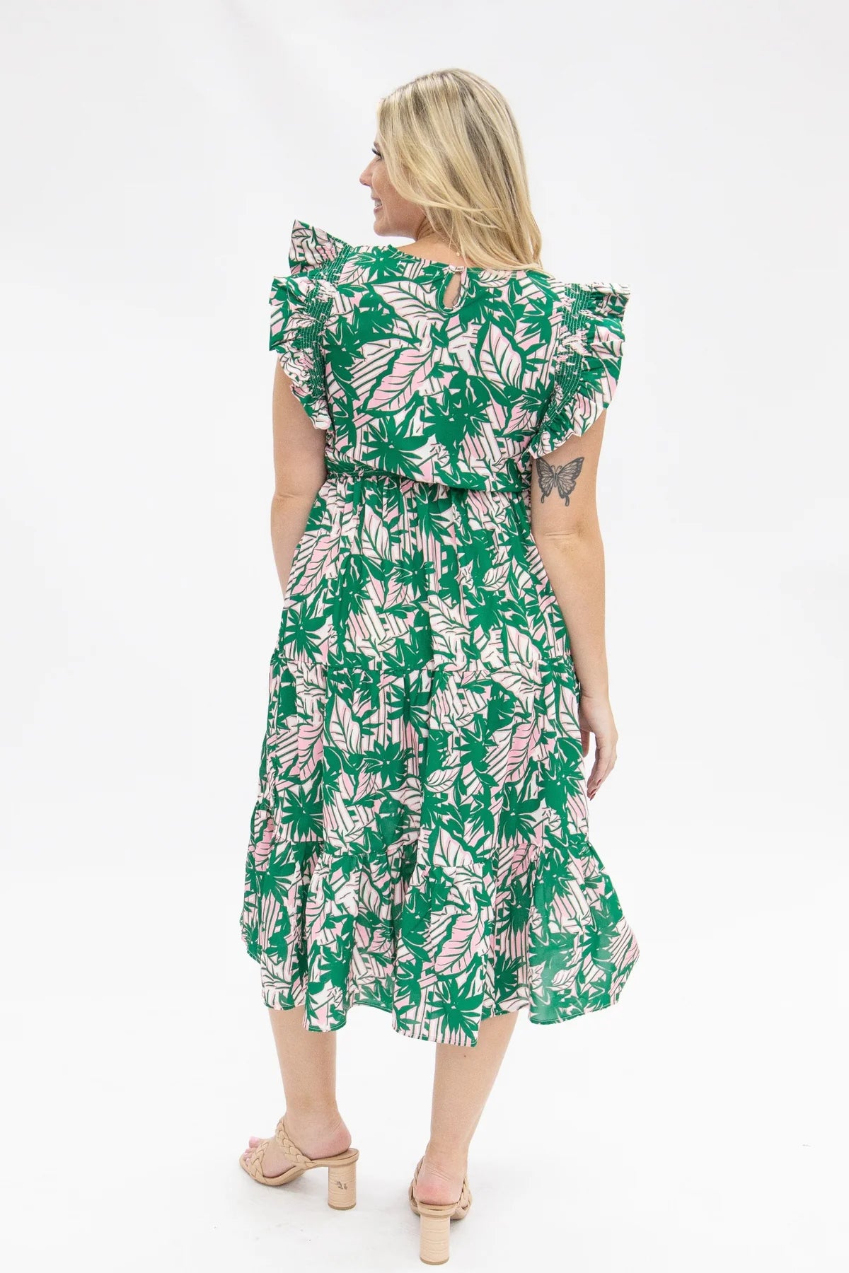 PINK & GREEN FLORAL TIERED DRESS