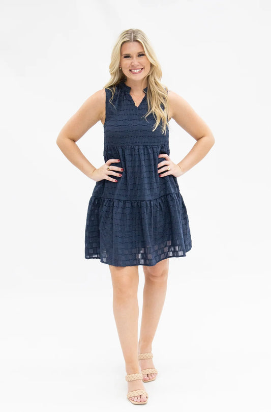 SLEEVELESS TIERED NAVY CHECKERED DRESS