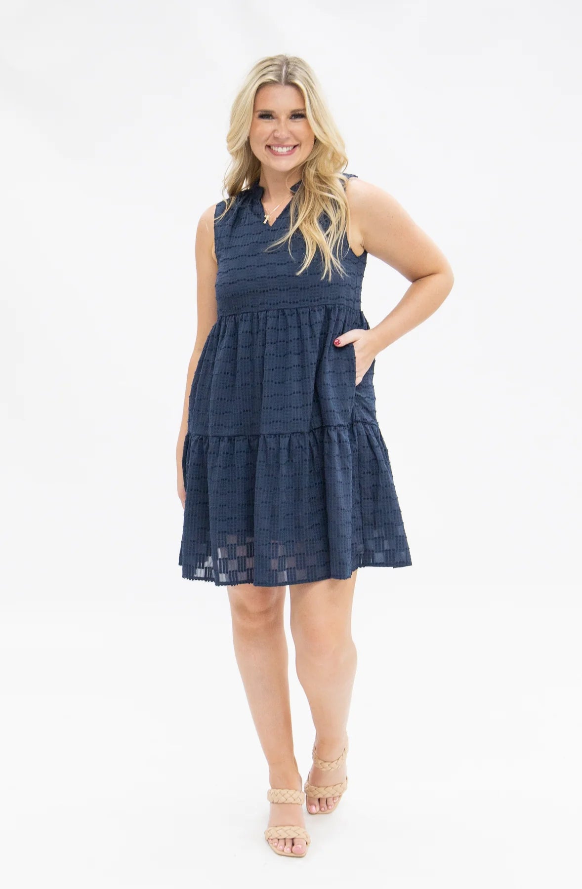 SLEEVELESS TIERED NAVY CHECKERED DRESS