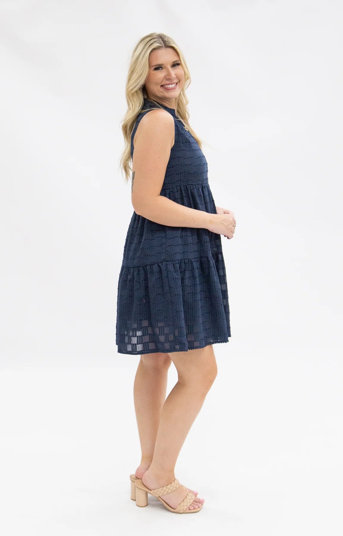SLEEVELESS TIERED NAVY CHECKERED DRESS