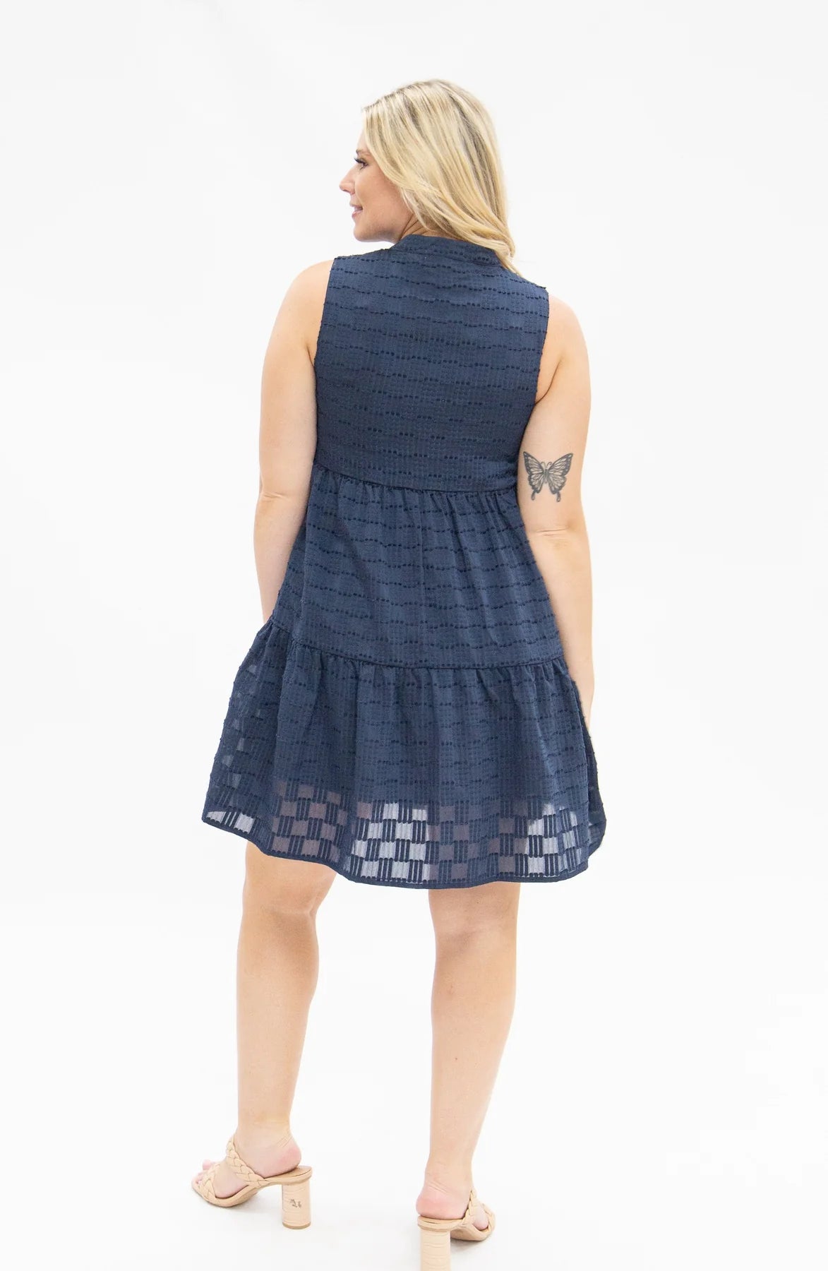 SLEEVELESS TIERED NAVY CHECKERED DRESS