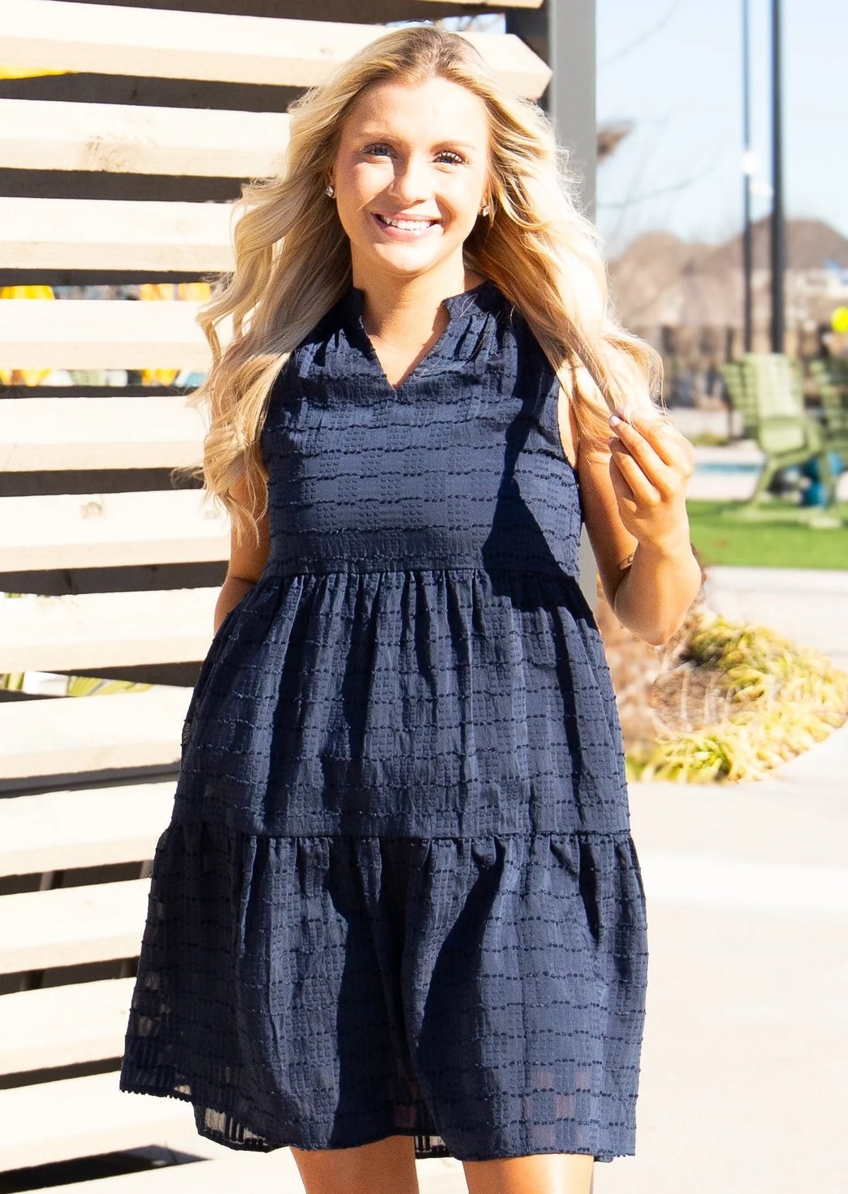 SLEEVELESS TIERED NAVY CHECKERED DRESS