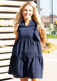 SLEEVELESS TIERED NAVY CHECKERED DRESS