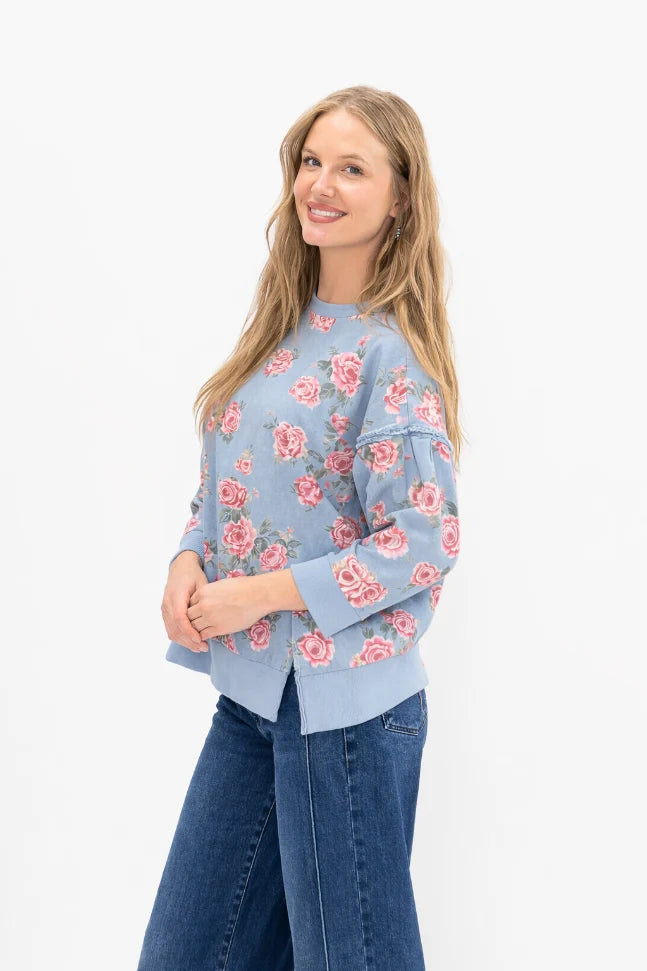 FLORAL PRINT DENIM SWEATER TOP