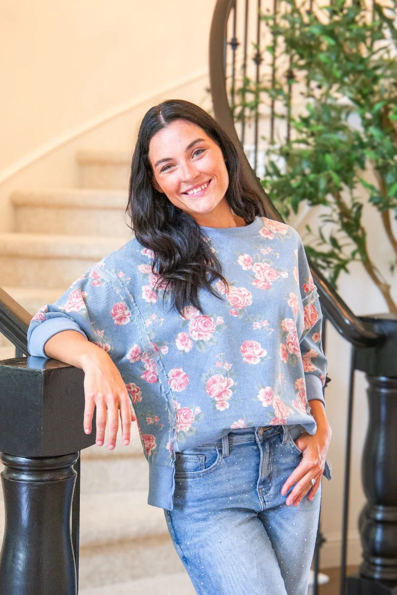 FLORAL PRINT DENIM SWEATER TOP