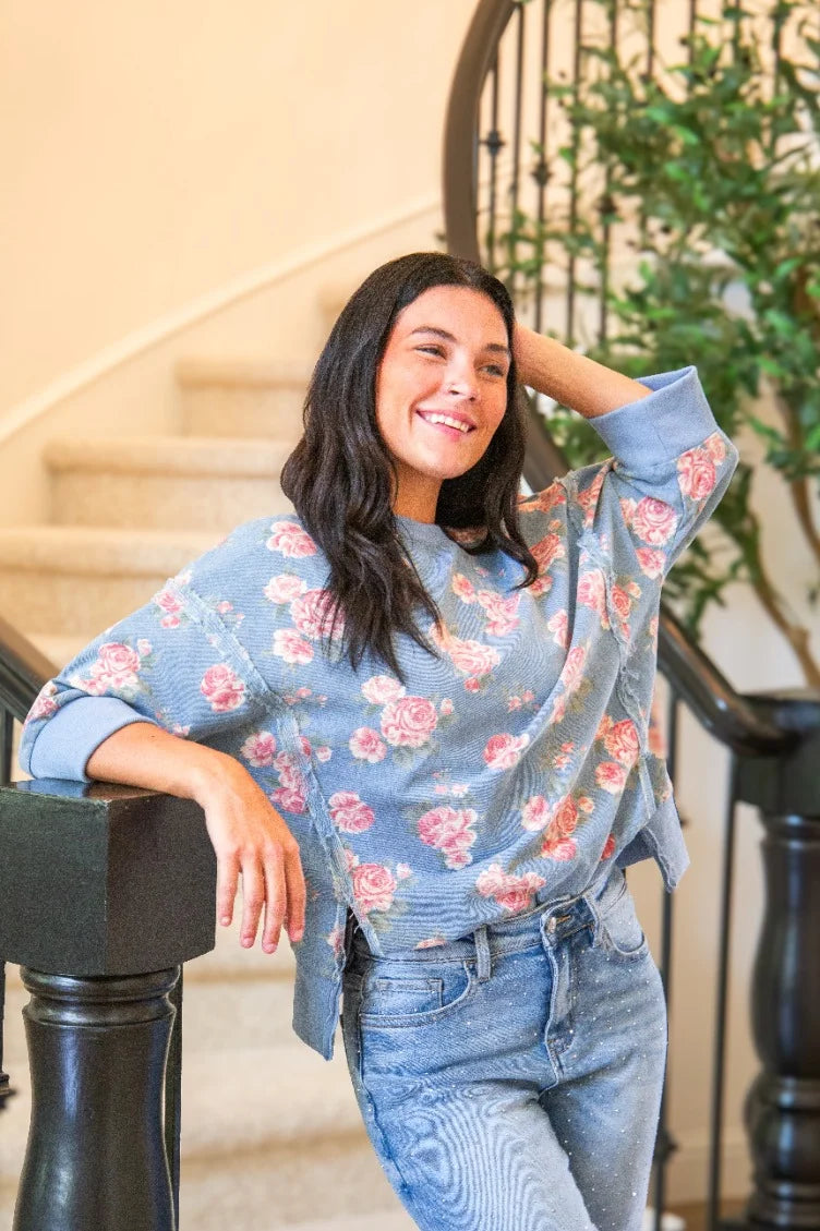 FLORAL PRINT DENIM SWEATER TOP