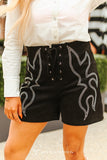 BLACK STRETCH SUEDE BOOT STITCH EMBROIDERED FRONT TIE UP SHORTS