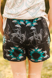 BLACK WESTERN AZTEC PRINTED STRETCH ELASTIC HIGH RISE SHORTS