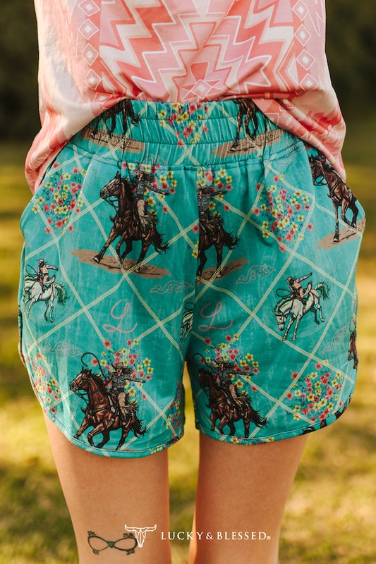 JADE WESTERN COWBOY PRINTED STRETCH ELASTIC HIGH RISE SHORTS