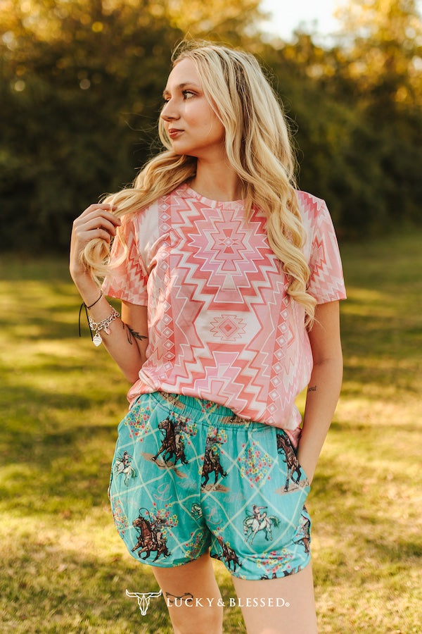 JADE WESTERN COWBOY PRINTED STRETCH ELASTIC HIGH RISE SHORTS