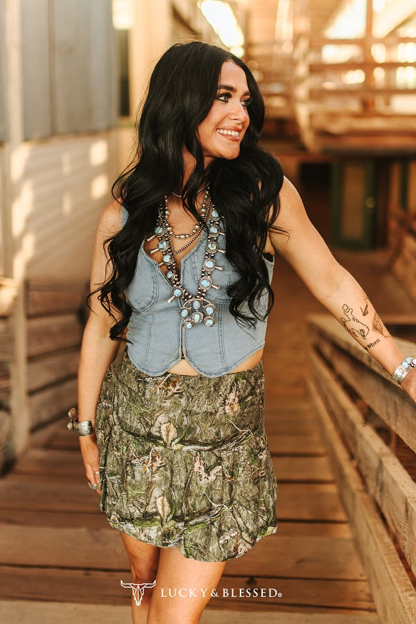 CAMO PRINTED RUFFLE BUBBLE SKIRT W SHORT LINING