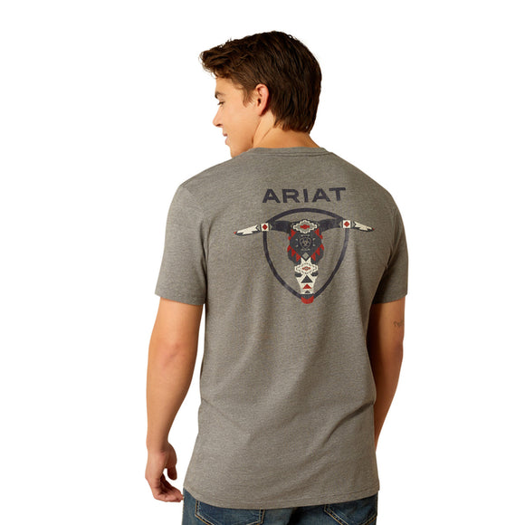 ARIAT MENS SOUTHWESTERN LONGHORN T-SHIRT - GRAPHITE HEATHER GREY