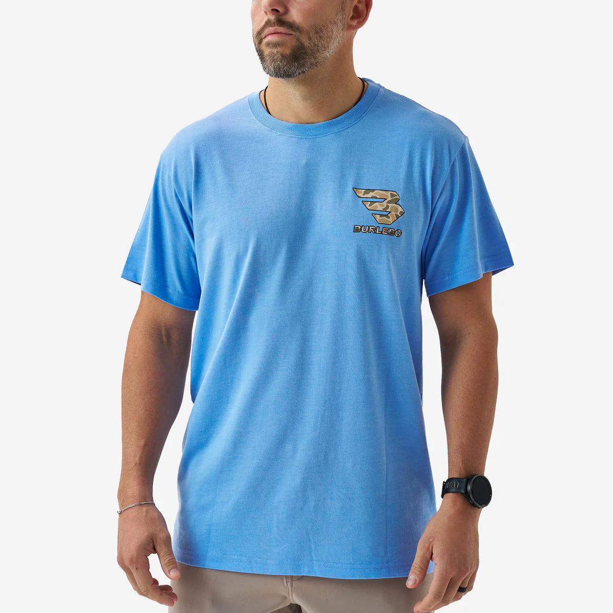 Burlebo Adult Short Sleeve Tee - MALLARD CAMO DOG- HEATHER PERIWINKLE