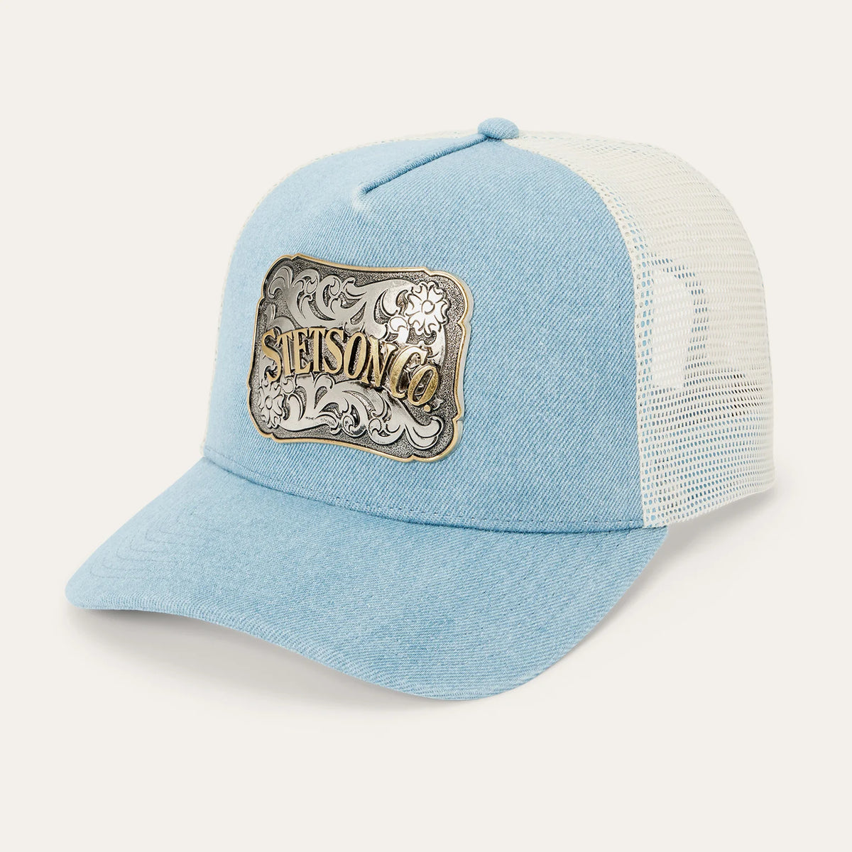 STETSON DENIM PLAQUE TRUCKER HAT - BLUE