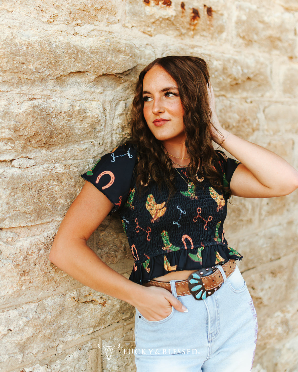 BOOTS PRINTED WESTERN RUFFLE SMOCKED TOP
