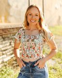FLORAL PRINTED WESTERN RUDDLE SMOCKED TOP