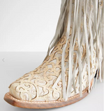 CORRAL WOMEN'S WHITE LAMB OVERLAY EMBROIDERY FRINGE WESTERN BOOTS  - C3955