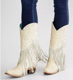 CORRAL WOMEN'S WHITE LAMB OVERLAY EMBROIDERY FRINGE WESTERN BOOTS  - C3955