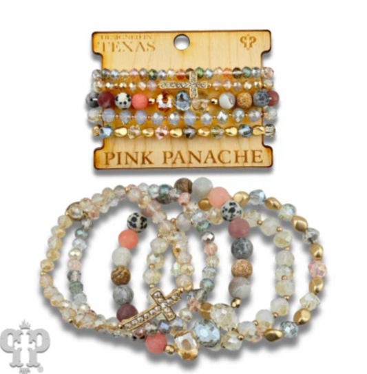 PINK PANACHE Faceted bead multi-strand bracelet stack, rhinestone cross - B185GPK