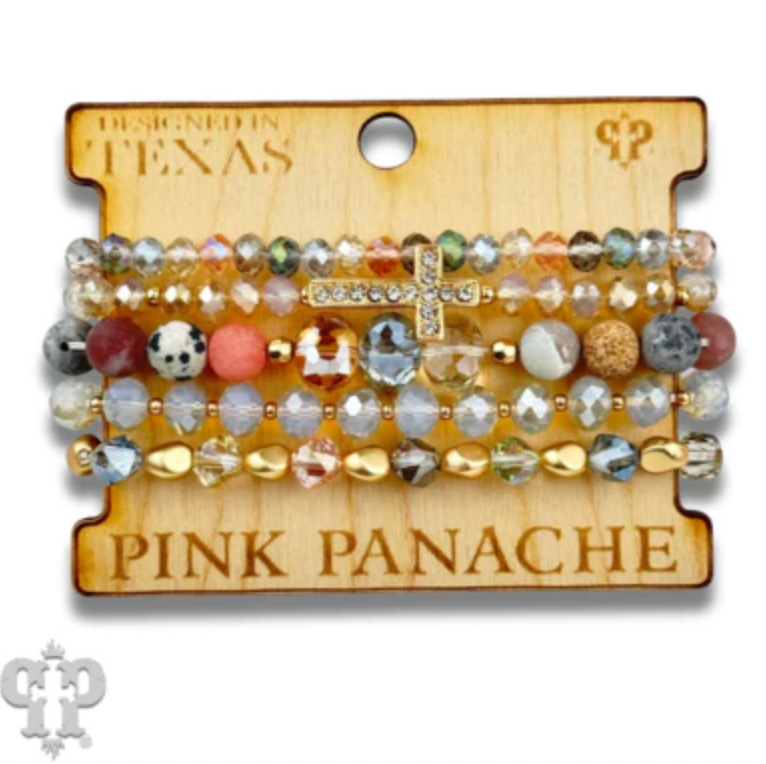 PINK PANACHE Faceted bead multi-strand bracelet stack, rhinestone cross - B185GPK